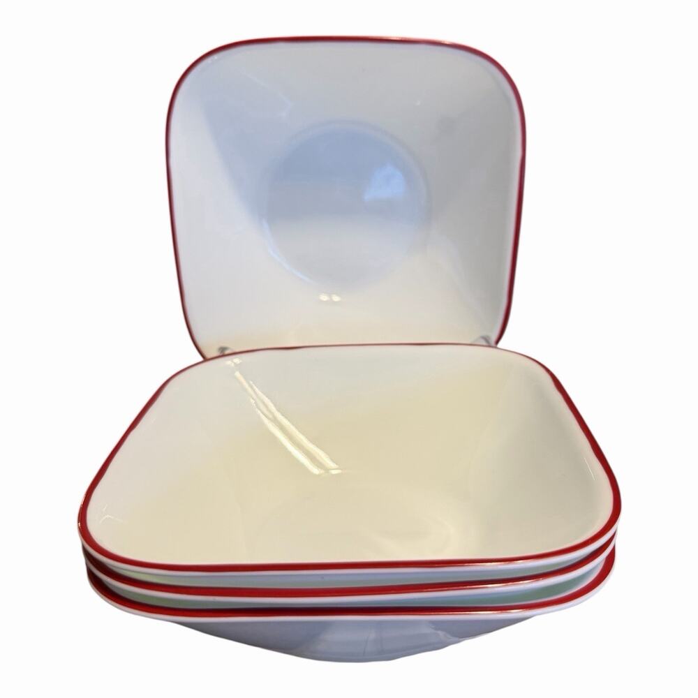 CORELLE CORNING Vitrelle HAPPY DAYS 4 White Red Rim Square Cereal Soup Bowl